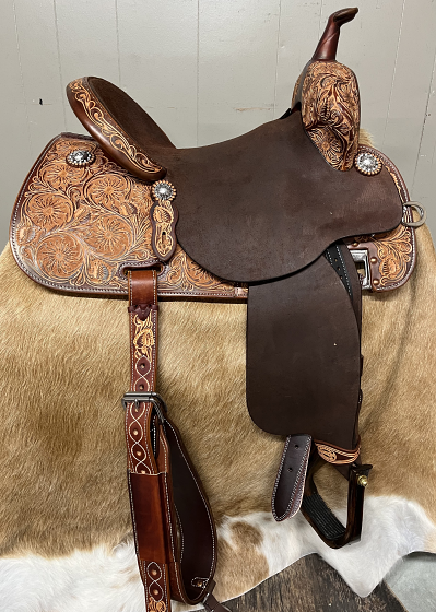 14.5" Chestnut Stingray with natural 1/2" Sunflower Tooling by Martin Saddlery